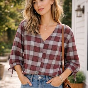 MADEWELL Red Plaid All Day Wear Button Down V Neck Blouse